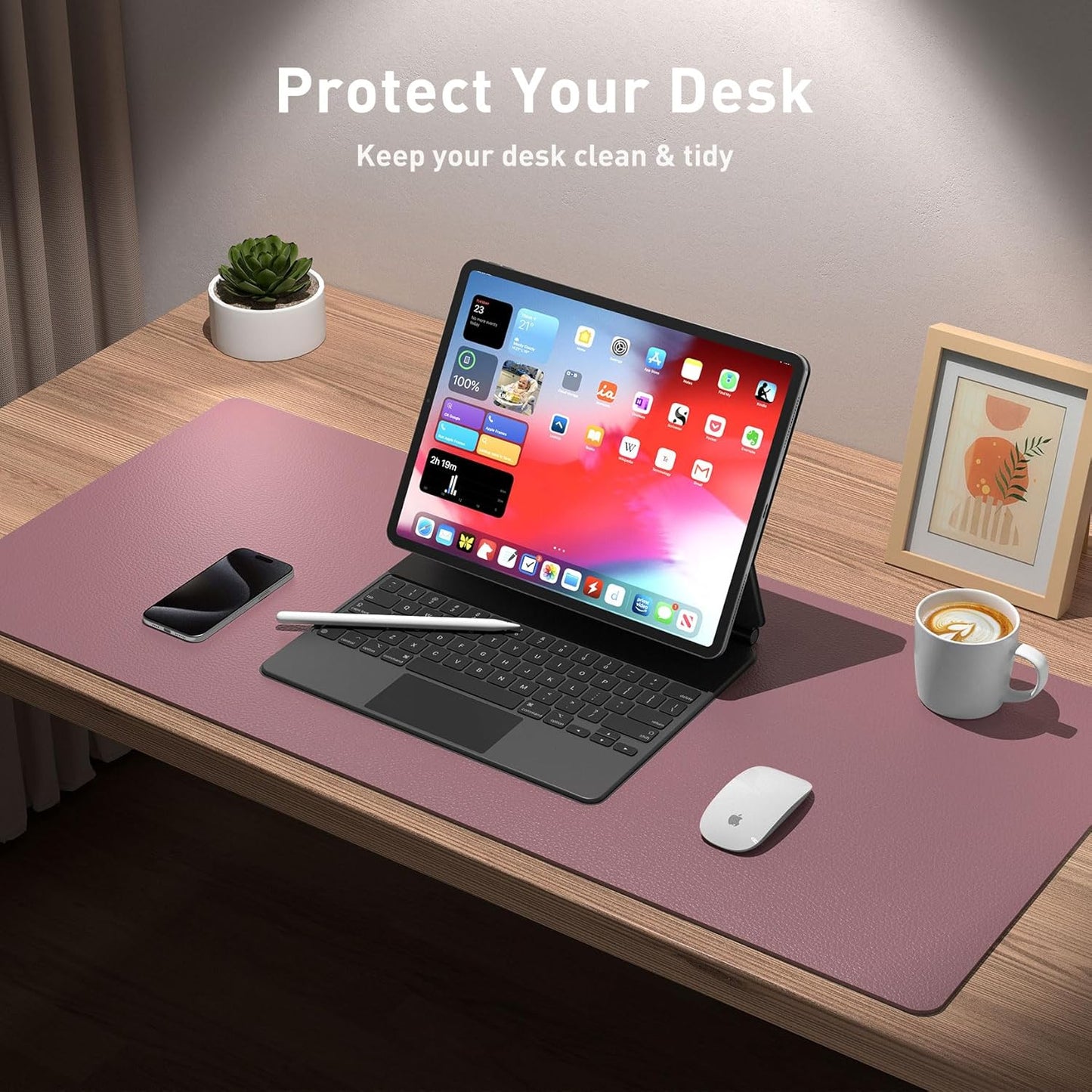 Leather Desk Pad Protector, Mouse Pad, Office Desk Mat, Non-Slip PU Leather Desk Blotter, Laptop Desk Pad, Waterproof Desk Writing Pad for Office and Home (Dark Pink, 23.6" X 13.7")